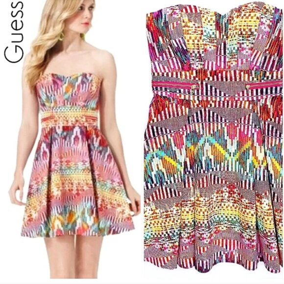GUESS LA Y2k Women's Strapless Boho Multicolor Dress Size 8 Sweetheart Party - Picture 1 of 6